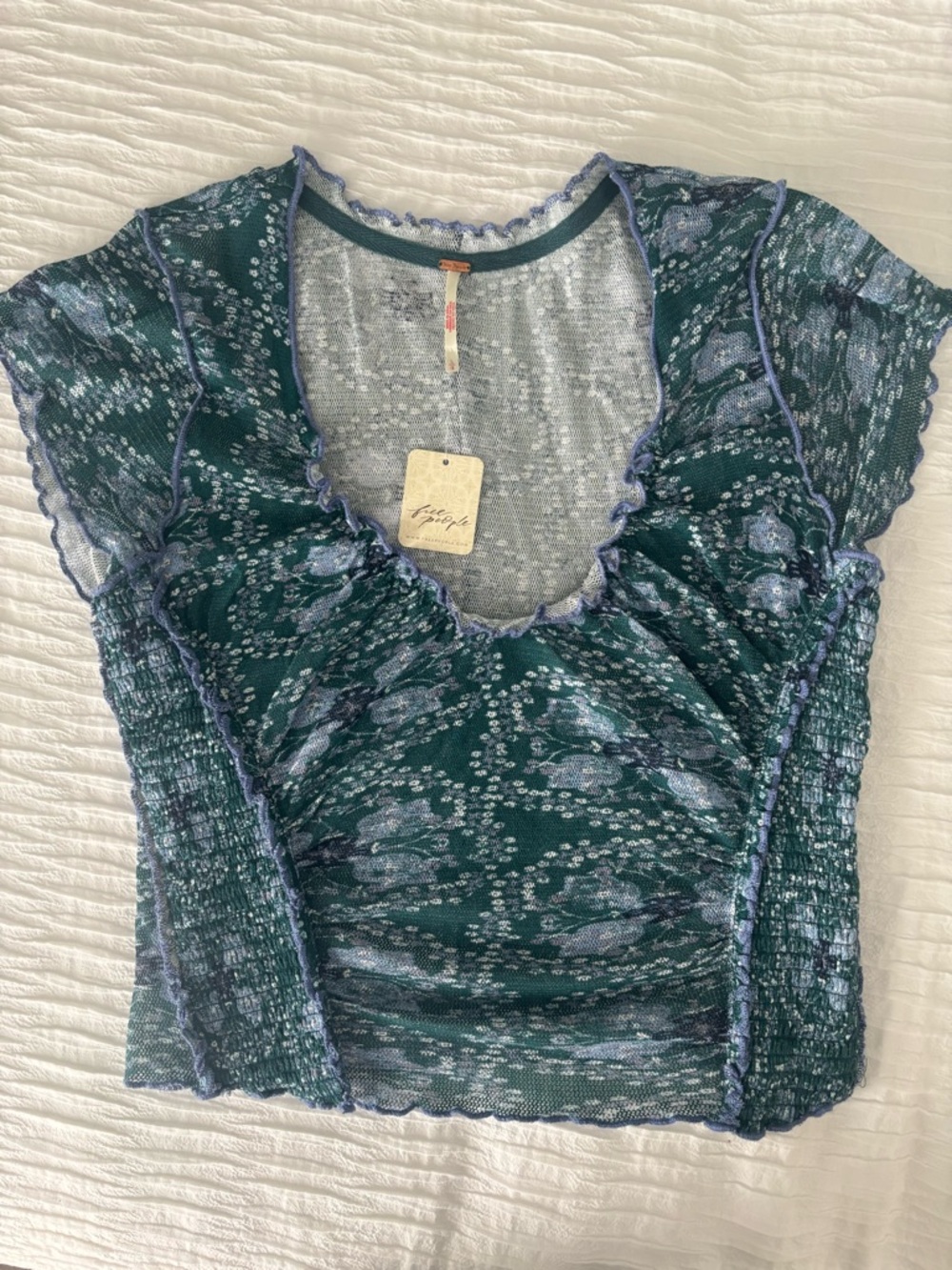 Free People Green Floral Ruched Scoop-Neck Crop Top